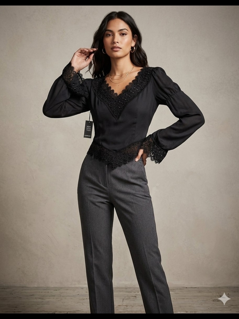 NWT Express Black Lace Trim Long Sleeve Cropped Blouse